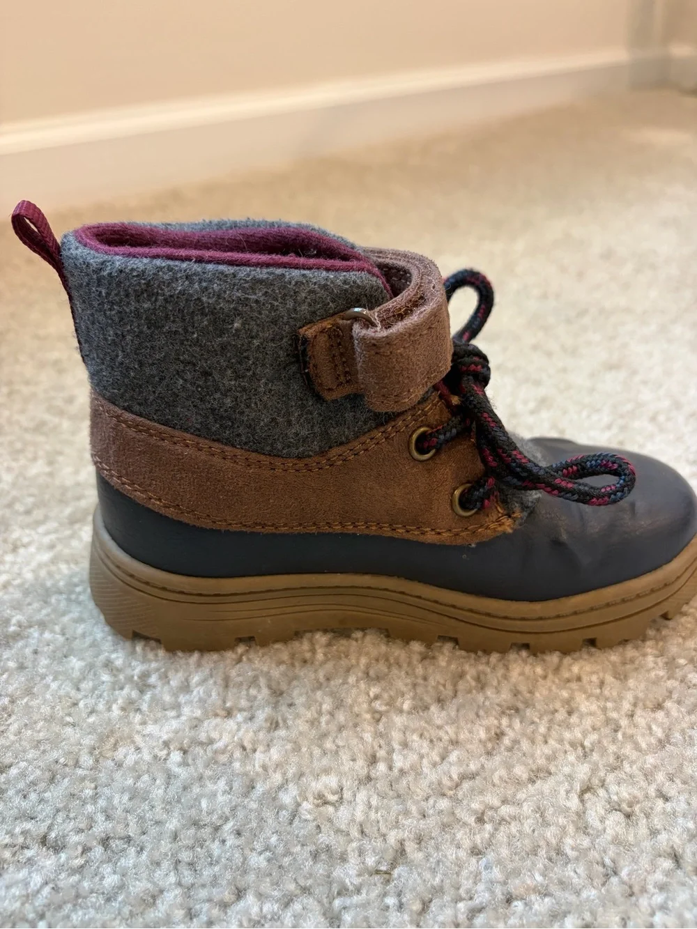 Carter's Navy Blue and Brown Toddler Winter Duck Boots with Gray Felt Cuff